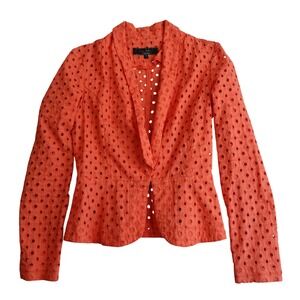 Bright Orange Eyelet Cotton Blazer Womens S Hook Eye Peplum Garden Brunch Summer